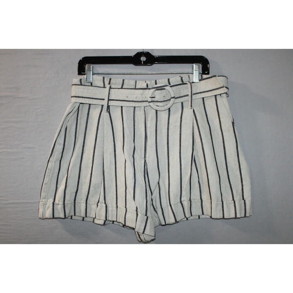 Worthington Women's Ivory Striped Belted Shorts Size 12 Linen Blend Casual